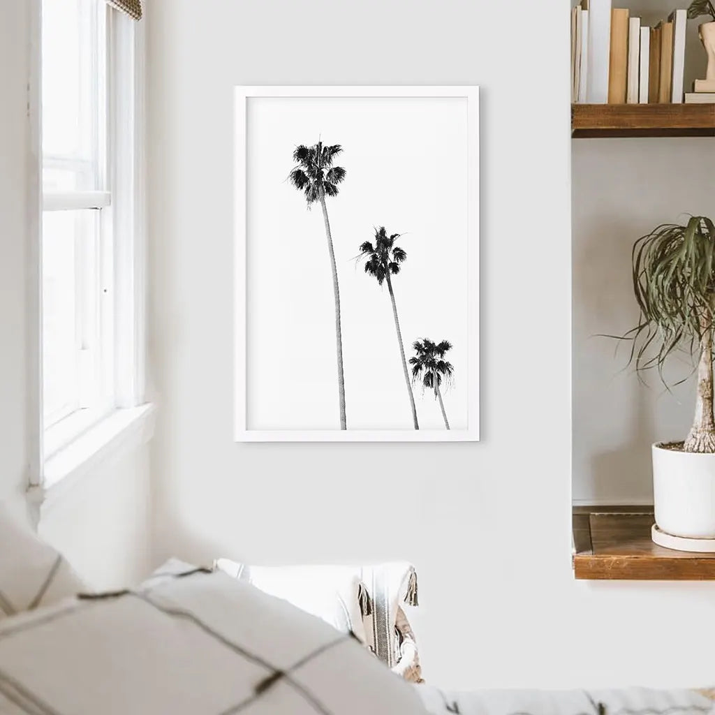 Tropical Black Palm Trees Wall Decor. White Frame