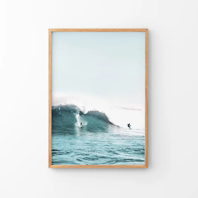 California Blue Surfing Waves Wall Art Print. Thin Wood Frame