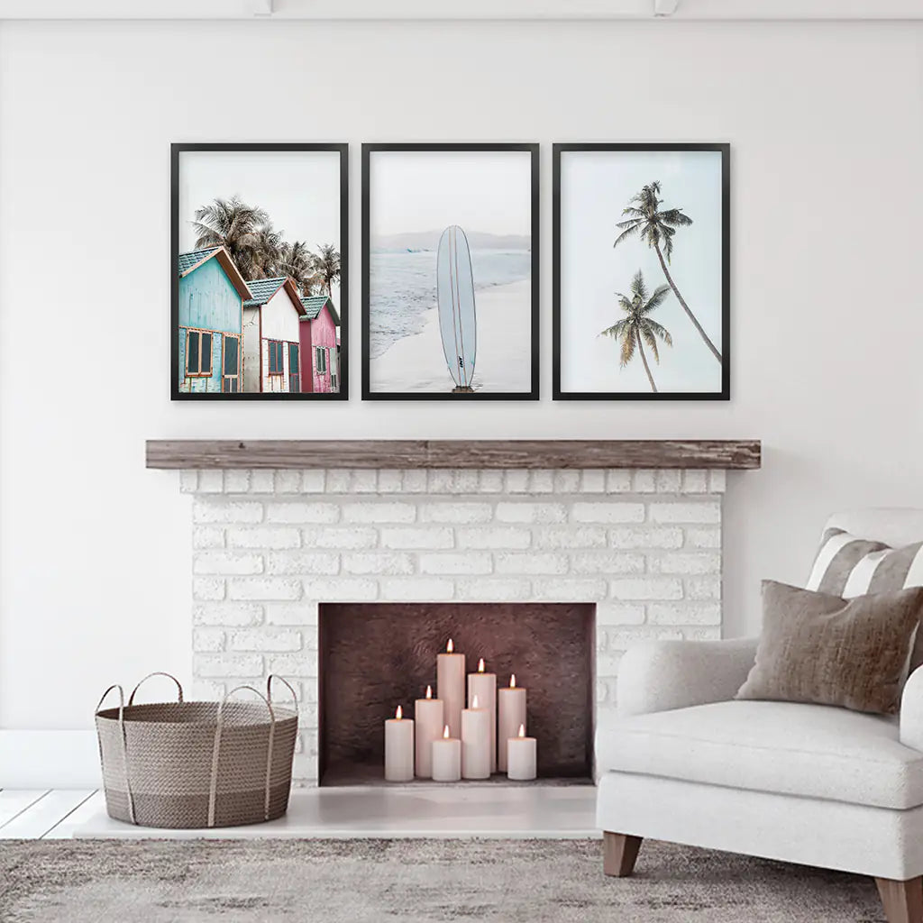 California Boho Wall Art. Surfboard, Palms, Beach. Black Frames