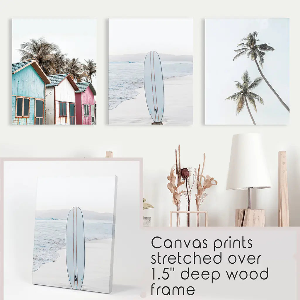 California Boho Wall Art. Surfboard, Palms, Beach. Canvas Prints