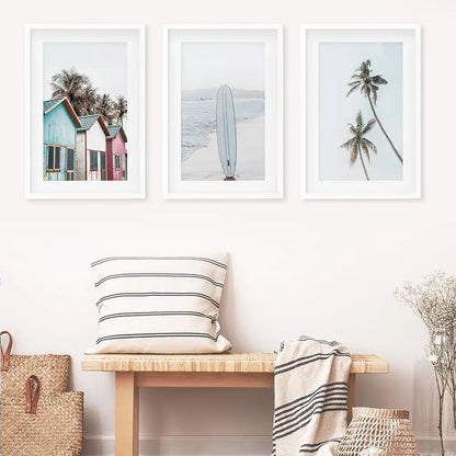 California Boho Wall Art. Surfboard, Palms, Beach. White Frames with Mat