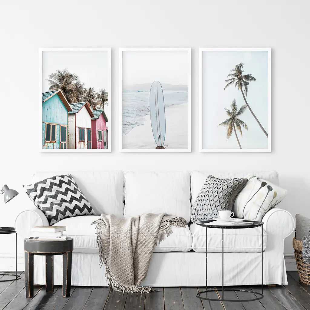 California Boho Wall Art. Surfboard, Palms, Beach. White Frames