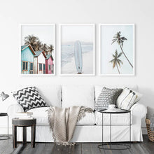 Load image into Gallery viewer, California Boho Wall Art. Surfboard, Palms, Beach. White Frames
