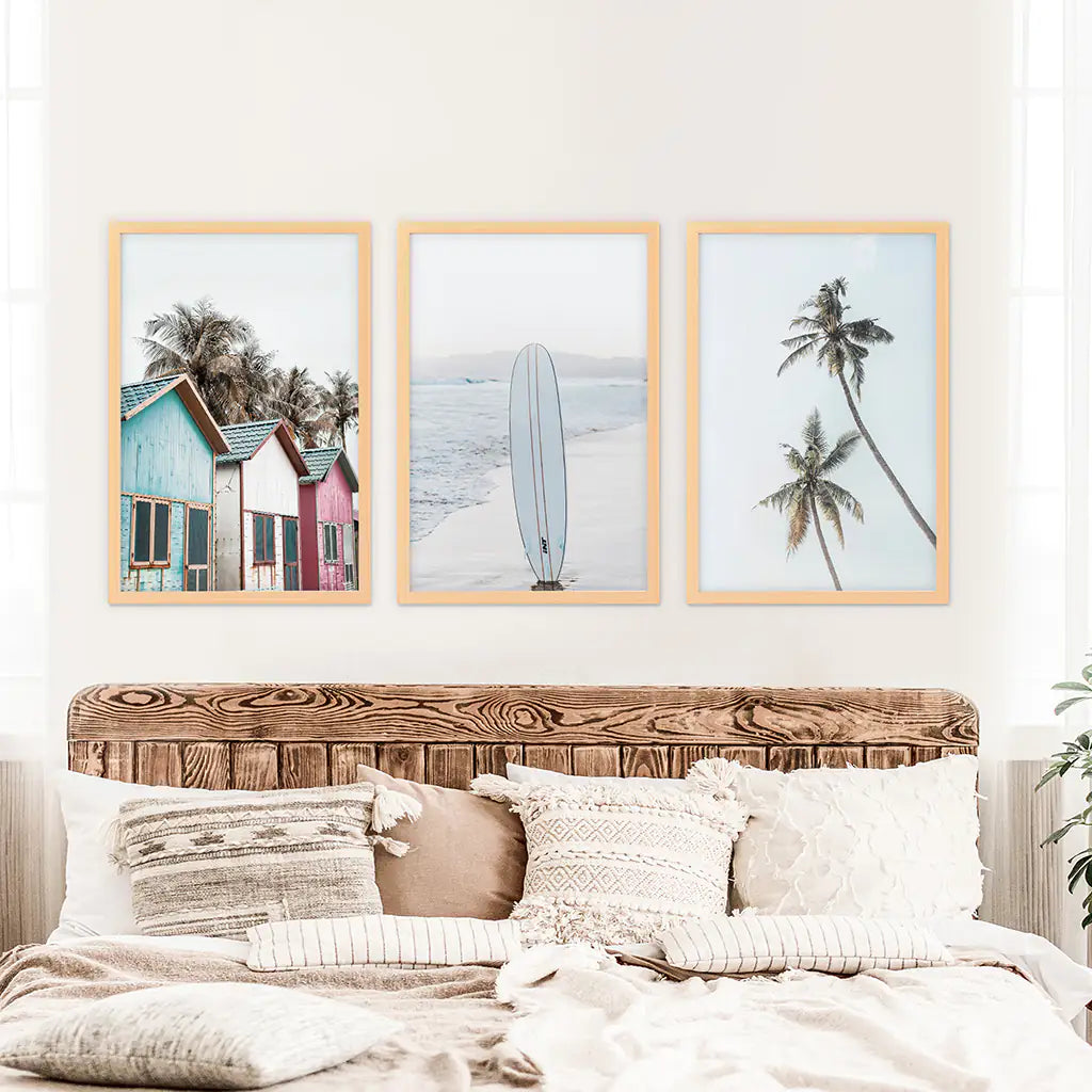 California Boho Wall Art. Surfboard, Palms, Beach. Wood Frames