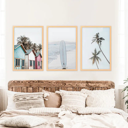 California Boho Wall Art. Surfboard, Palms, Beach. Wood Frames