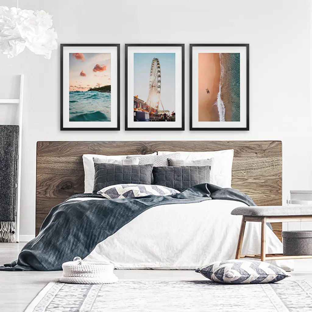 California Coastal 3 Piece Set. Ocean and Sunset. Black Frames with Mat