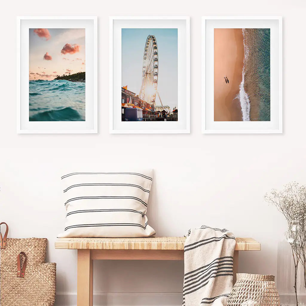 California Coastal 3 Piece Set. Ocean and Sunset. White Frames with Mat