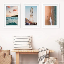 Load image into Gallery viewer, California Coastal 3 Piece Set. Ocean and Sunset. White Frames with Mat
