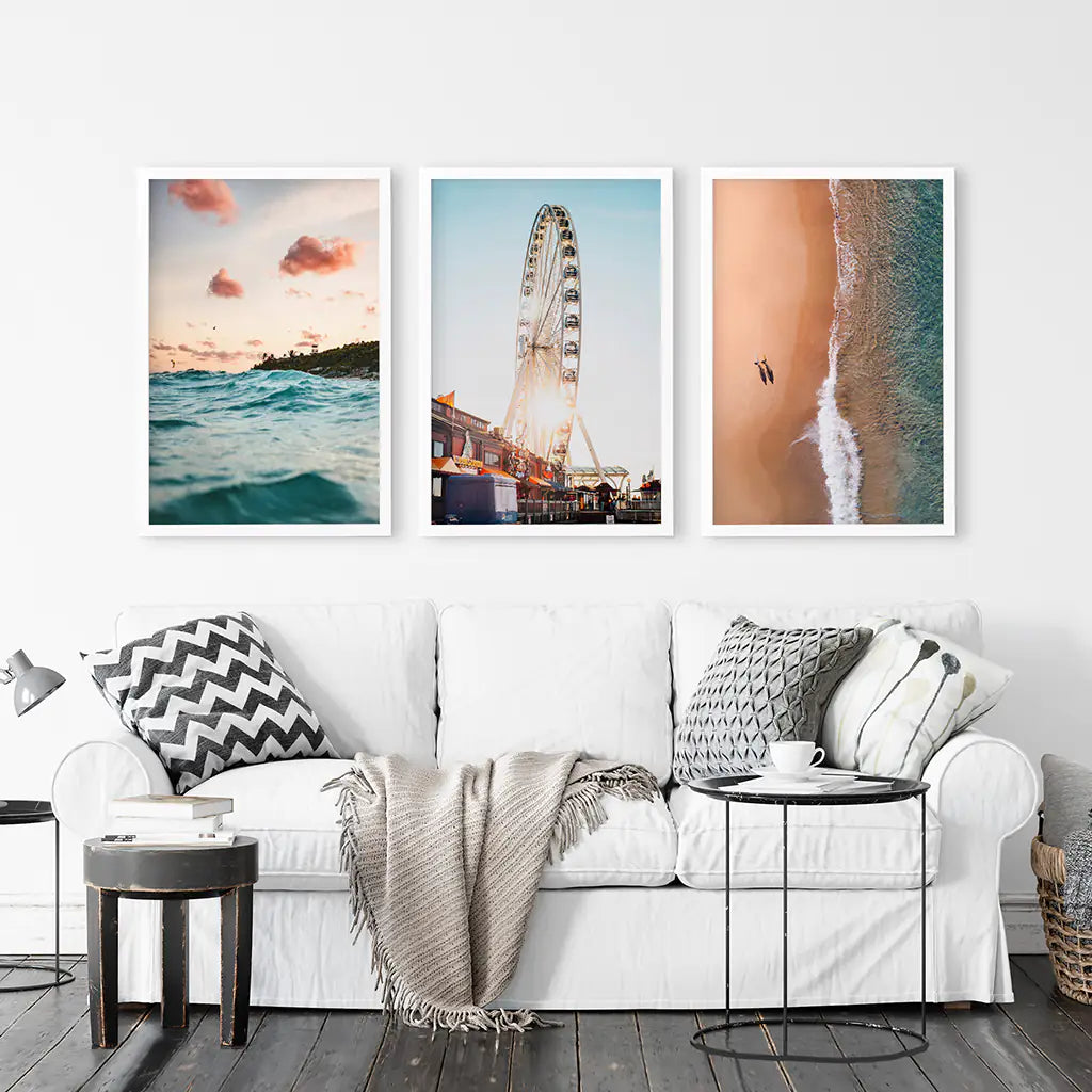 California Coastal 3 Piece Set. Ocean and Sunset. White Frames