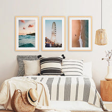 Load image into Gallery viewer, California Coastal 3 Piece Set. Ocean and Sunset. Wood Frames with Mat
