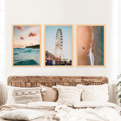 California Coastal 3 Piece Set. Ocean and Sunset. Wood Frames