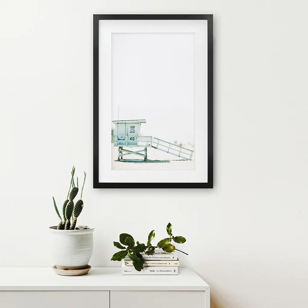 California Coastal Life Themed Print. Blue Lifeguard Hut. Black Frame with Mat