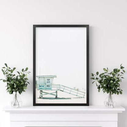 California Coastal Life Themed Print. Blue Lifeguard Hut. Black Frame