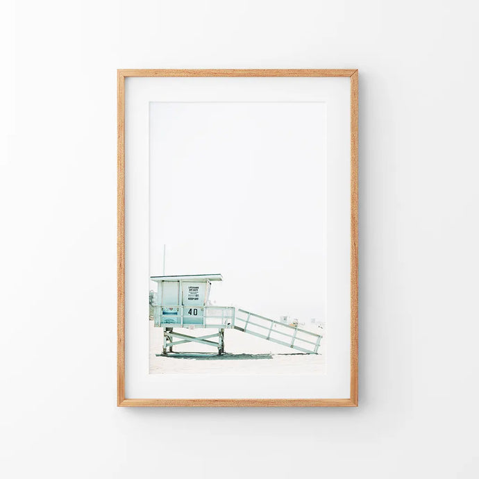 California Coastal Life Themed Print. Blue Lifeguard Hut. Thin Wood Frame with Mat