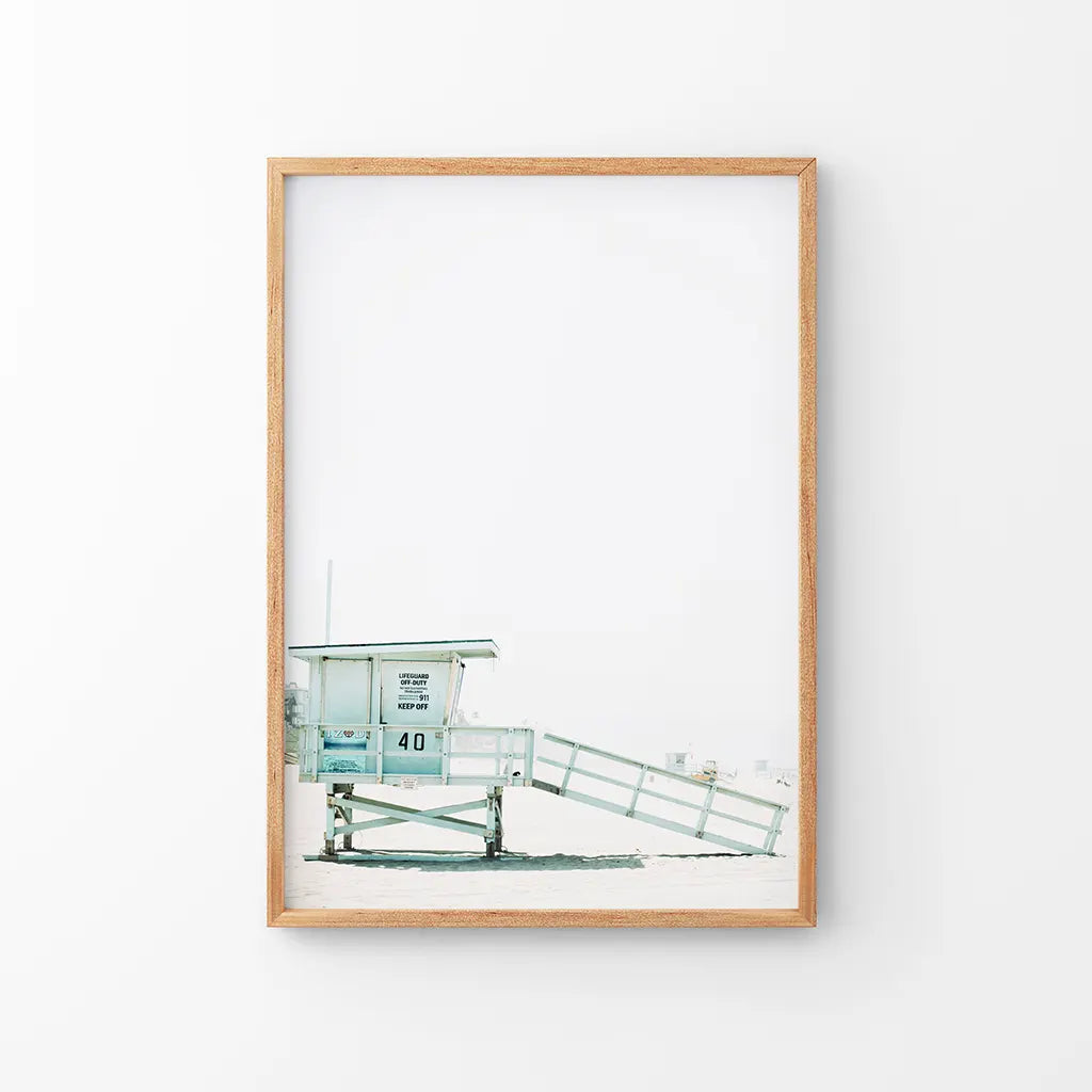 California Coastal Life Themed Print. Blue Lifeguard Hut. Thin Wood Frame