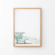 Load image into Gallery viewer, California Coastal Life Themed Print. Blue Lifeguard Hut. Thin Wood Frame
