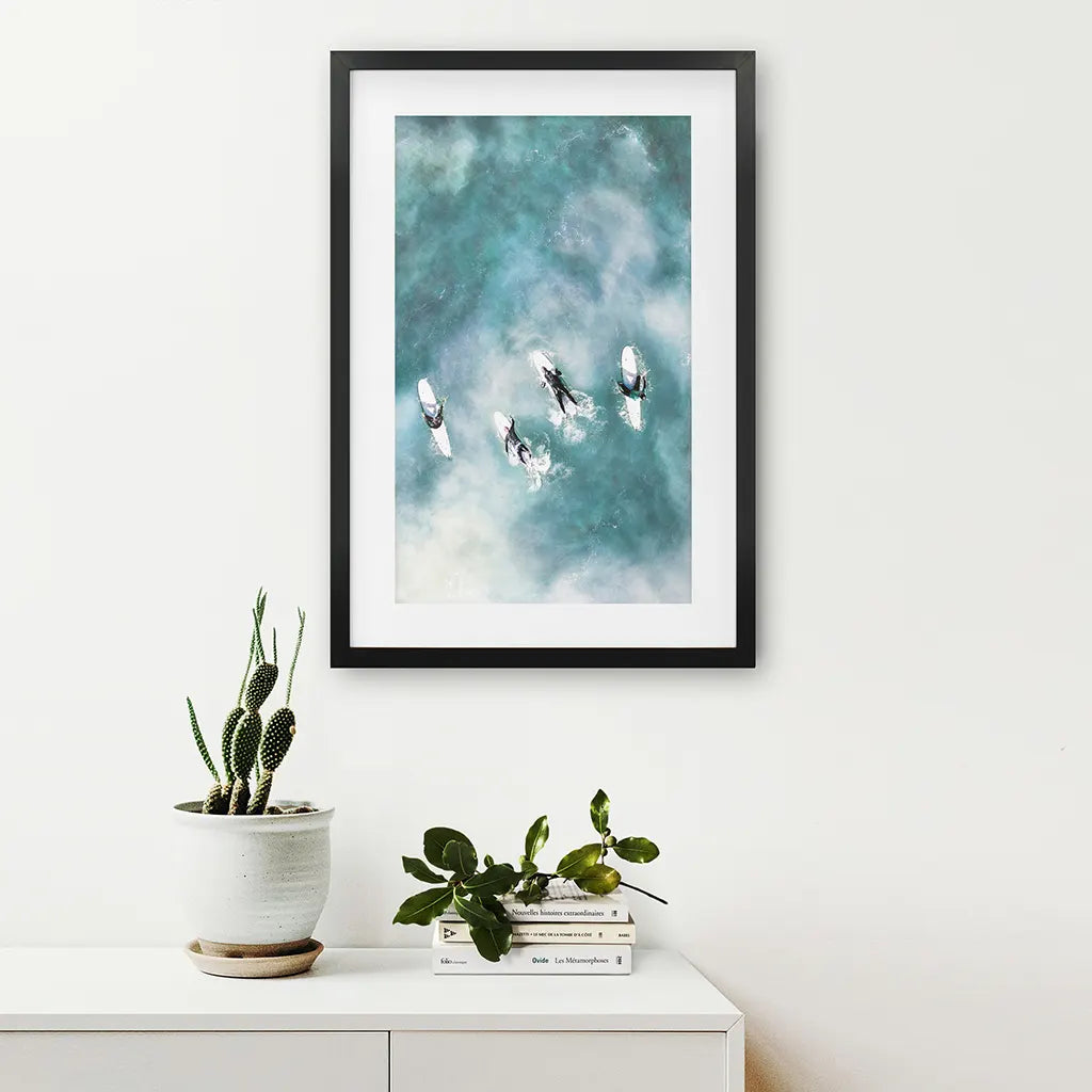 California Surfers Wall Decor. Blue Ocean Waves. Black Frame with Mat