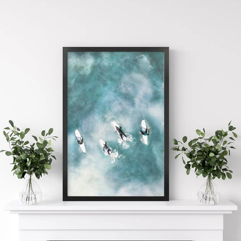 California Surfers Wall Decor. Blue Ocean Waves. Black Frame