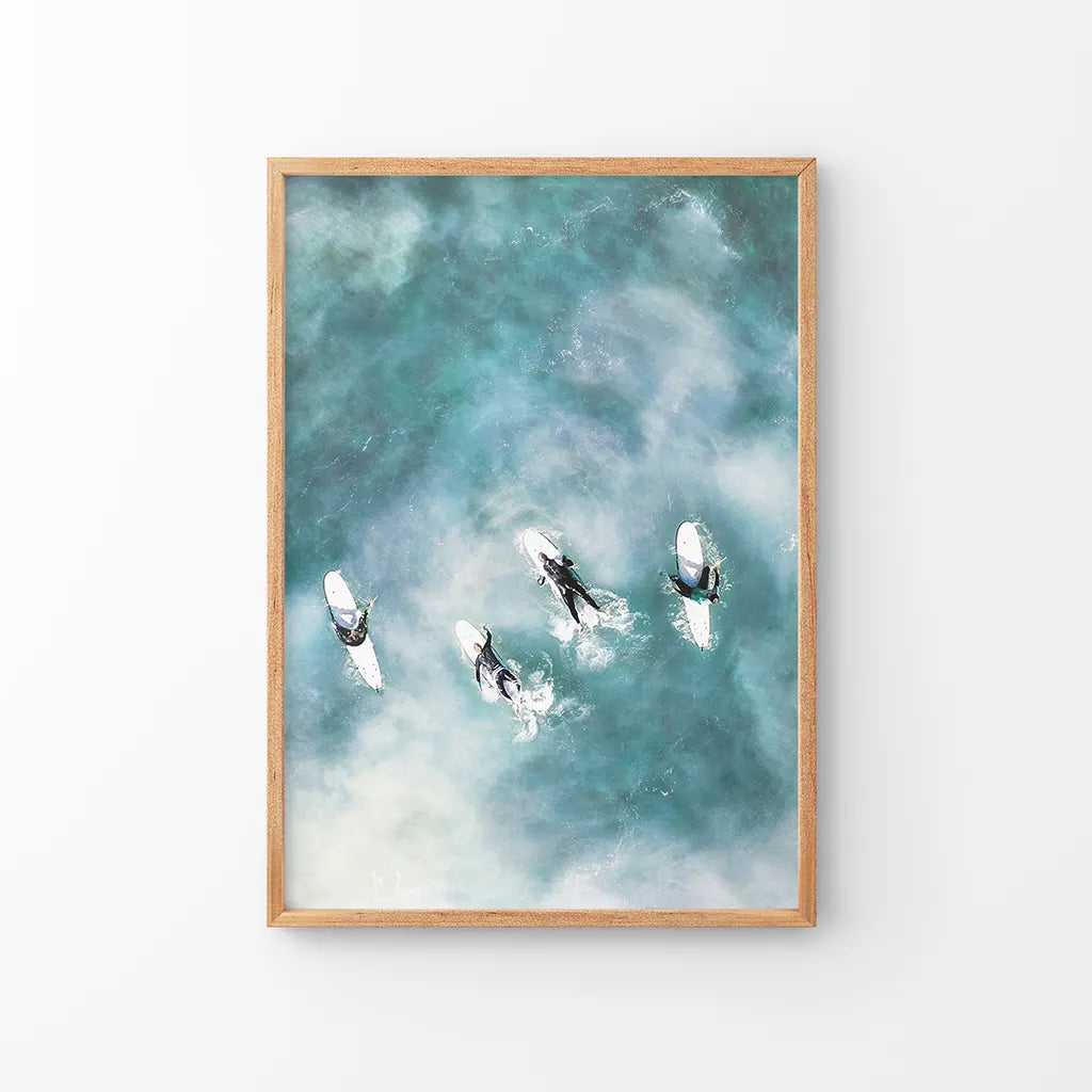 California Surfers Wall Decor. Blue Ocean Waves. Thin Wood Frame