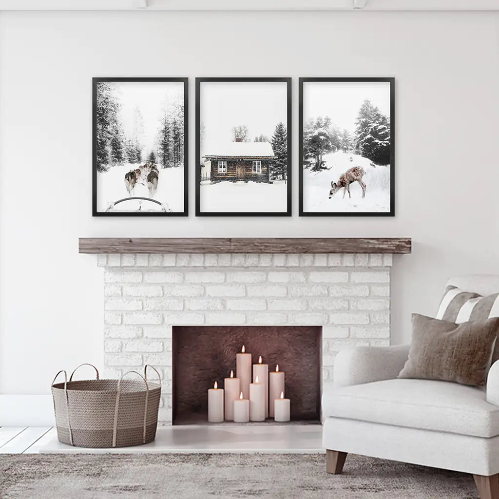 3 Piece Christmas Mood Photo Set. Winter Landscape. Black Frames