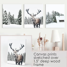Load image into Gallery viewer, 3 Piece Christmas Wall Art. Forest, Log Cabin, Reindeer. Canvas Prints
