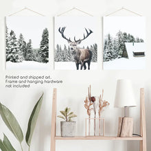 Load image into Gallery viewer, 3 Piece Christmas Wall Art. Forest, Log Cabin, Reindeer. Unframed Prints
