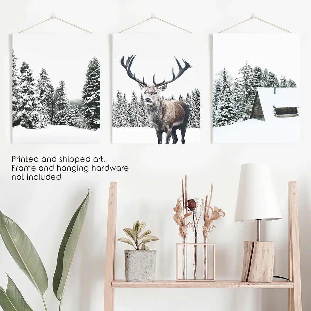 3 Piece Christmas Wall Art. Forest, Log Cabin, Reindeer. Unframed Prints