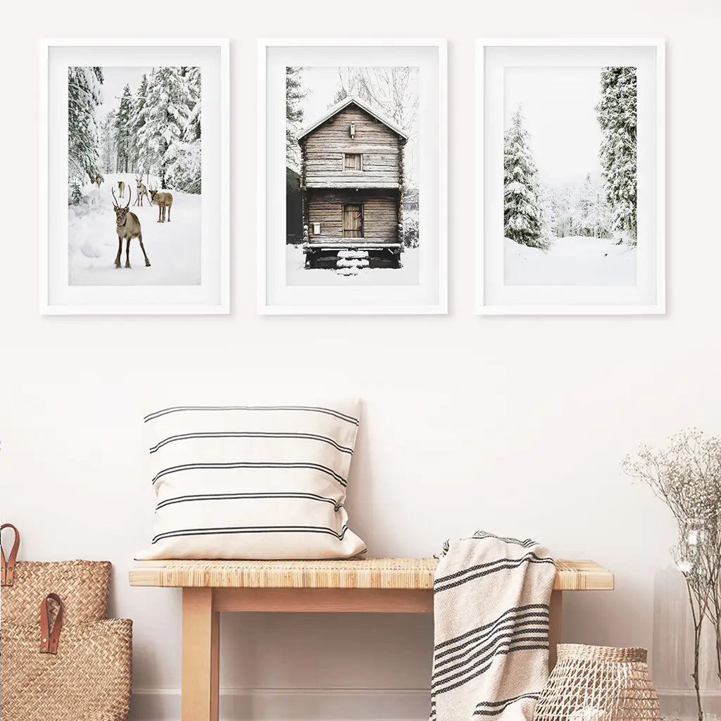 Christmas Theme Wall Art Set. Fawn, Log Cabin, ForestChristmas Theme Wall Art Set. Fawn, Log Cabin, Forest. White Frames with Mat