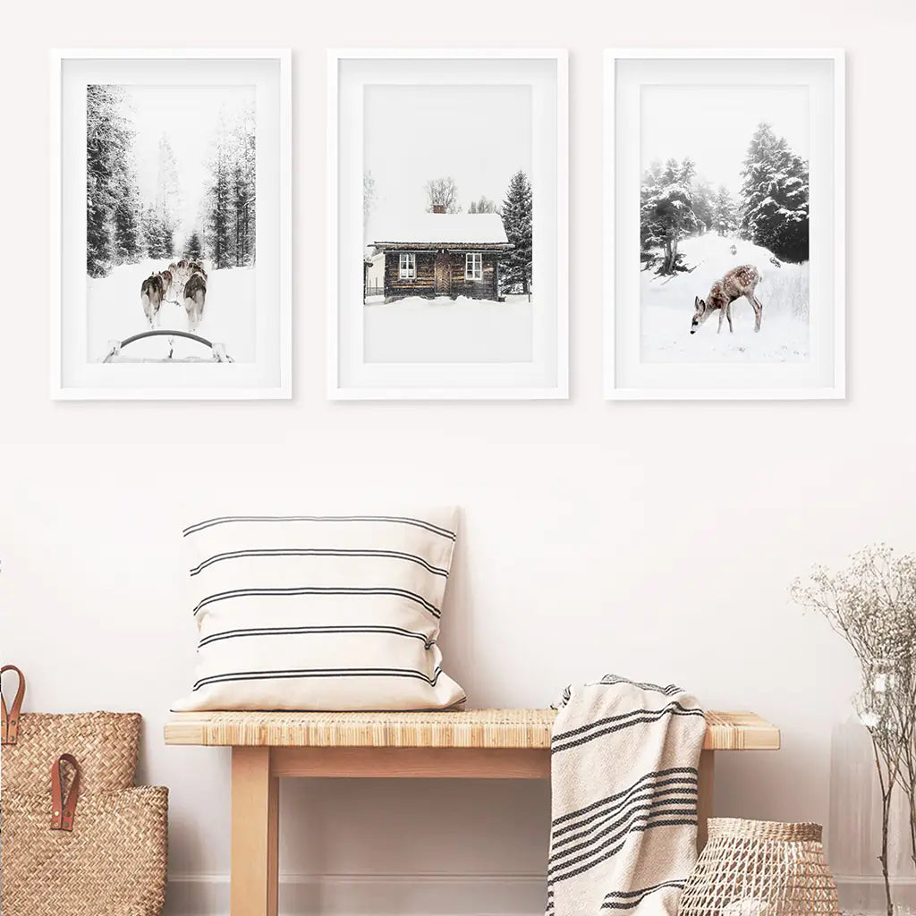 3 Piece Christmas Mood Photo Set. Winter Landscape. White Frames with Mat