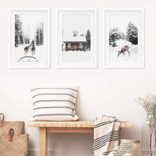 Load image into Gallery viewer, 3 Piece Christmas Mood Photo Set. Winter Landscape. White Frames with Mat
