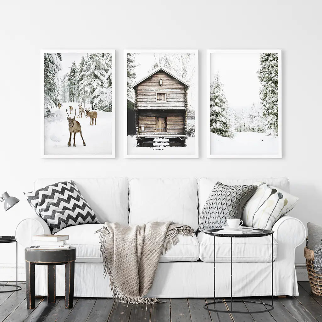 Christmas Theme Wall Art Set. Fawn, Log Cabin, ForestChristmas Theme Wall Art Set. Fawn, Log Cabin, Forest. White Frames