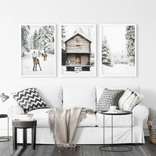 Load image into Gallery viewer, Christmas Theme Wall Art Set. Fawn, Log Cabin, ForestChristmas Theme Wall Art Set. Fawn, Log Cabin, Forest. White Frames
