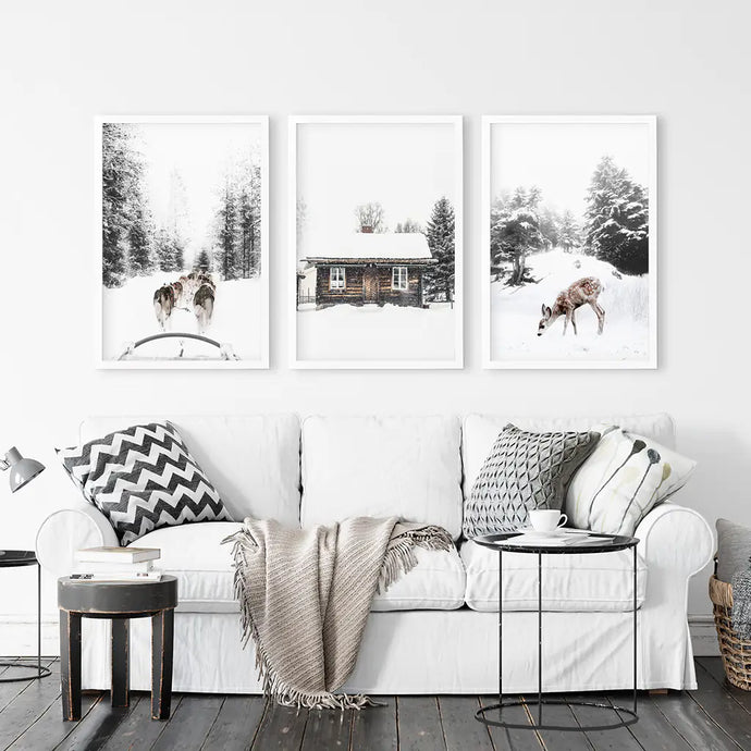 3 Piece Christmas Mood Photo Set. Winter Landscape. White Frames