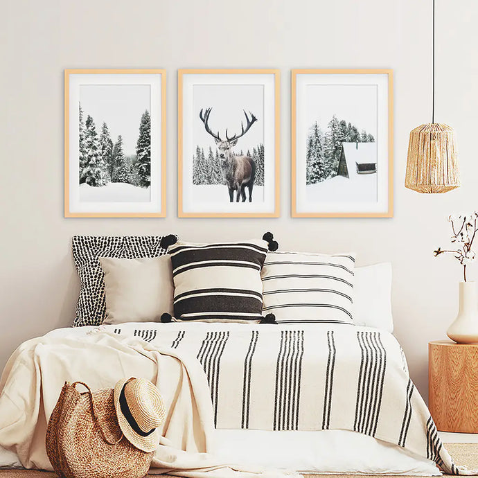 3 Piece Christmas Wall Art. Forest, Log Cabin, Reindeer. Wood Frames with Mat