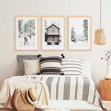 Load image into Gallery viewer, Christmas Theme Wall Art Set. Fawn, Log Cabin, ForestChristmas Theme Wall Art Set. Fawn, Log Cabin, Forest. Wood Frames with Mat
