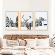 Load image into Gallery viewer, 3 Piece Christmas Wall Art. Forest, Log Cabin, Reindeer. Wood Frames
