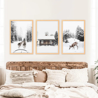 3 Piece Christmas Mood Photo Set. Winter Landscape. Wood Frames