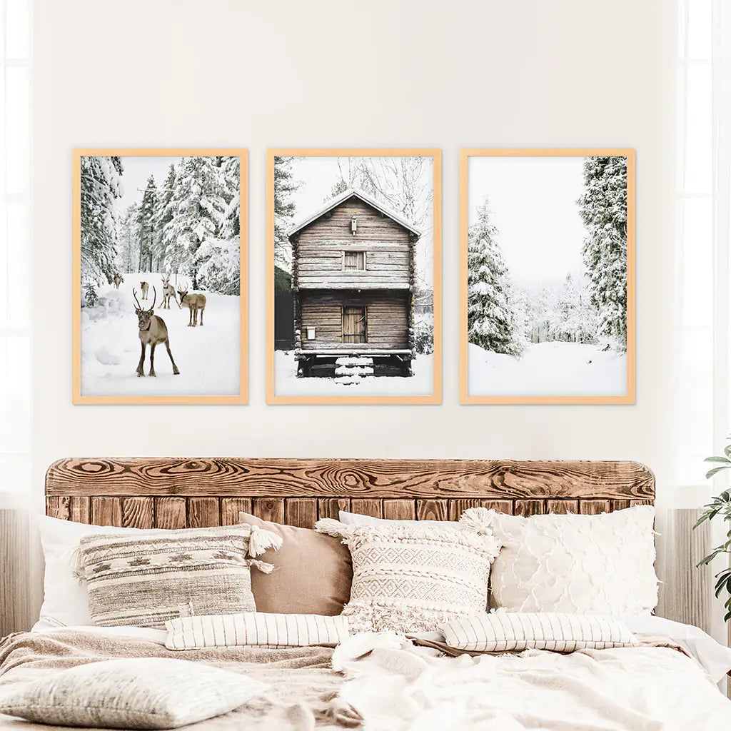 Christmas Theme Wall Art Set. Fawn, Log Cabin, ForestChristmas Theme Wall Art Set. Fawn, Log Cabin, Forest. Wood Frames