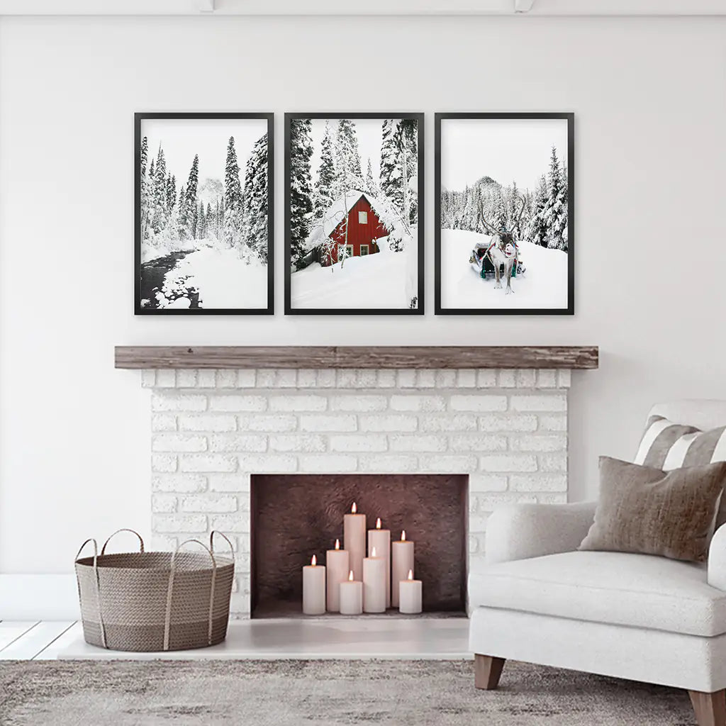 Christmas Mood Wall Art Set of 3. Red Barn and Reindeer. Black Frames