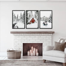 Load image into Gallery viewer, Christmas Mood Wall Art Set of 3. Red Barn and Reindeer. Black Frames
