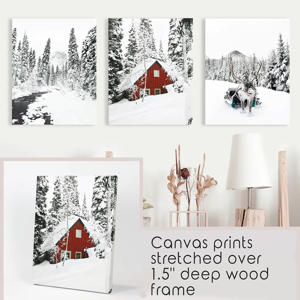 Christmas Mood Wall Art Set of 3. Red Barn and Reindeer. Canvas Prints