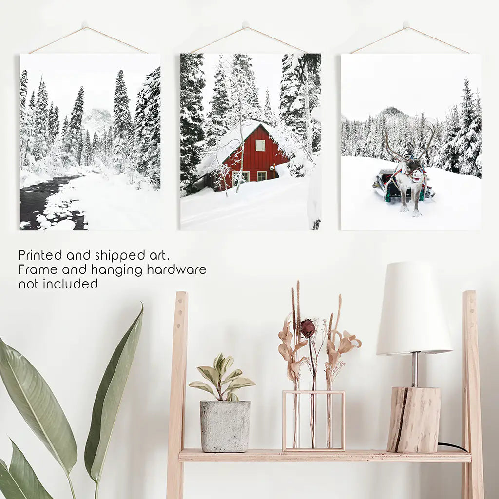 Christmas Mood Wall Art Set of 3. Red Barn and Reindeer. Unframed Prints