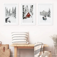 Load image into Gallery viewer, Christmas Mood Wall Art Set of 3. Red Barn and Reindeer. White Frames with Mat
