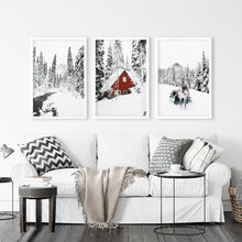 Load image into Gallery viewer, Christmas Mood Wall Art Set of 3. Red Barn and Reindeer. White Frames
