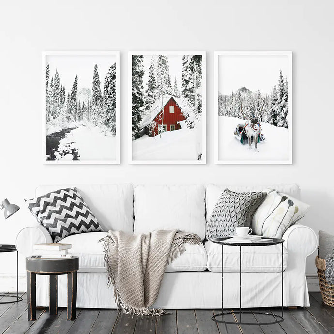 Christmas Mood Wall Art Set of 3. Red Barn and Reindeer. White Frames