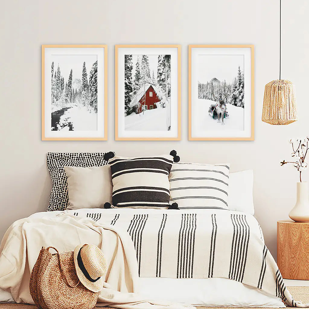 Christmas Mood Wall Art Set of 3. Red Barn and Reindeer. Wood Frames with Mat