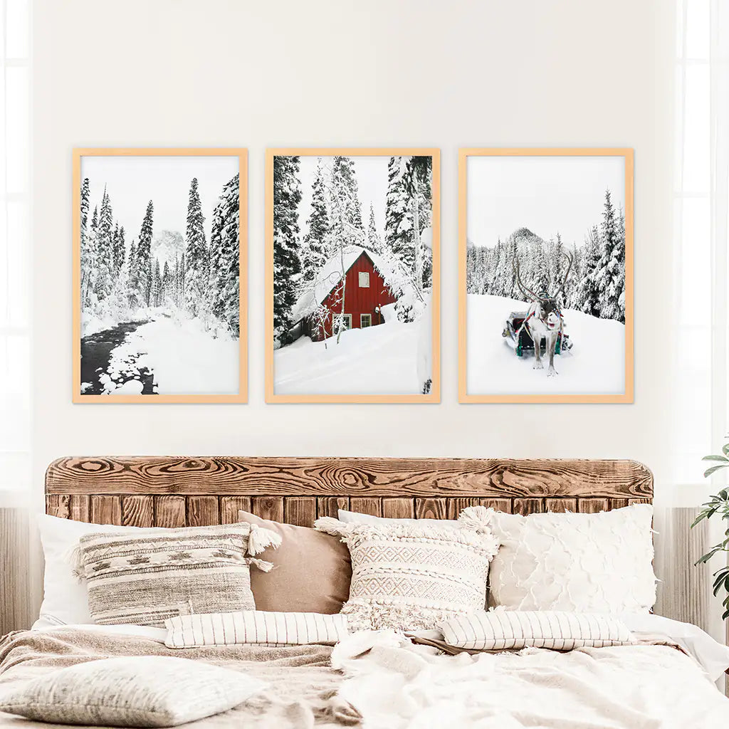 Christmas Mood Wall Art Set of 3. Red Barn and Reindeer. Wood Frames