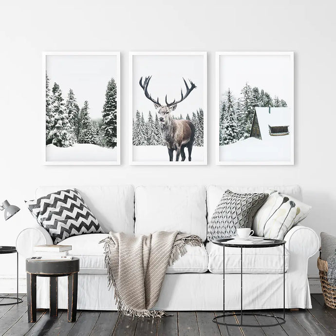 3 Piece Christmas Wall Art. Forest, Log Cabin, Reindeer. White Frames