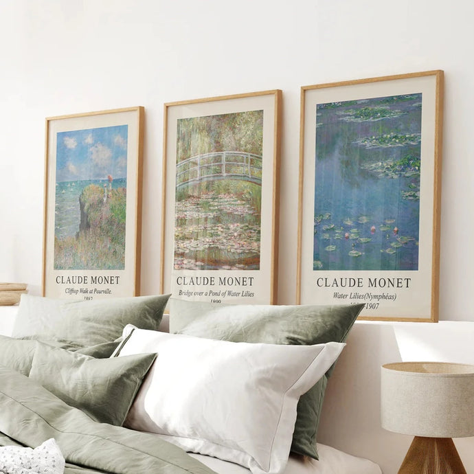 3 Piece Claude Monet Landscape Wall Art Set. Exhibition Style. Thinwood Frame. Living Room