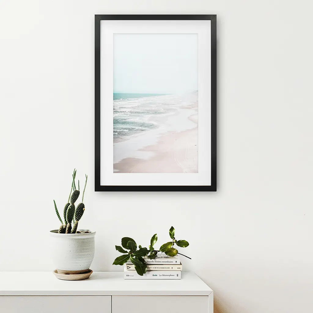 Coastal Beach Wall Art Print. Ocean Waves. Black Frame with Mat